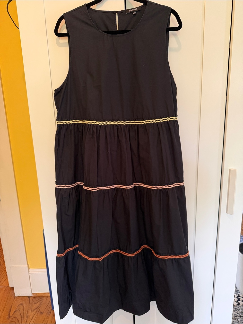 Madewell Black Sleeveless Tiered Dress with Multicolor Trim